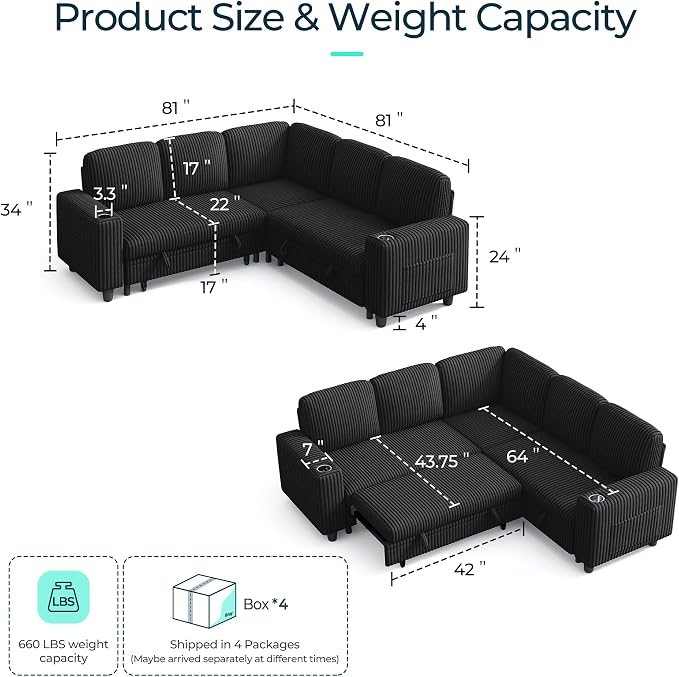 LINSY HOME Sectional Sleeper Sofa Pull Out Couches for Living Room (Black, Sleeper Sofa 2) | Pull Out Sofa Bed, Storage, USB Charging, Cup Holders, Plush Corduroy