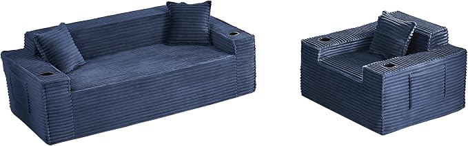 2 Pcs Living Room Cloud Sofa Set,Boneless 3 Seat Sofa Couch with Cup Holder and Side Pocket for Compact Living Rooms, Apartments (Blue, Single Chair + 3 Seat Sofa)