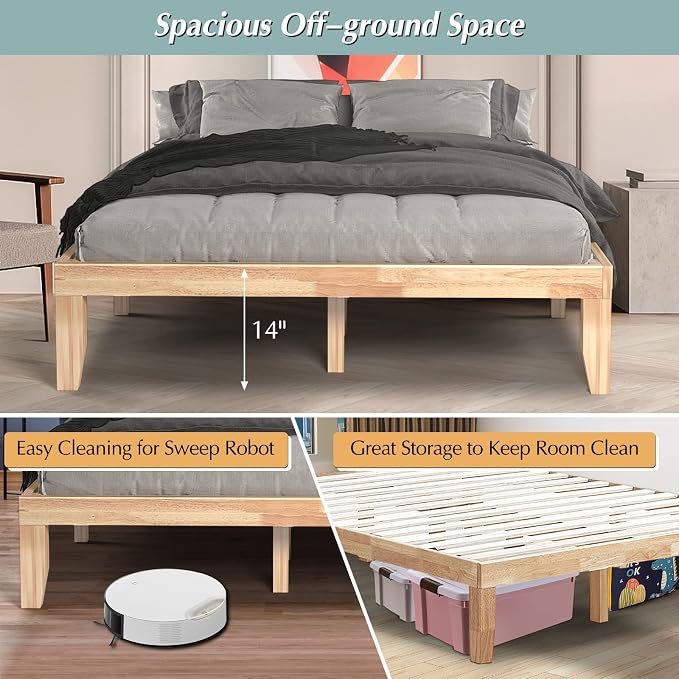 COSTWAY Queen Size Platform Bed Frame, 14 Inches Solid Rubber Wood Bed Mattress Foundation with Sturdy Slats Support, Easy Assembly Bed Frame for Home Hotel, No Box Spring Needed (Natural, Queen)