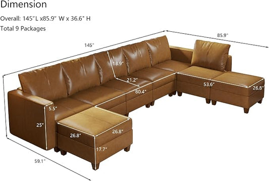 EASE MOOSE U Shaped Modular Sectional Sofa with Storage, Faux Leather Sectional Couch for Living Room,Brown