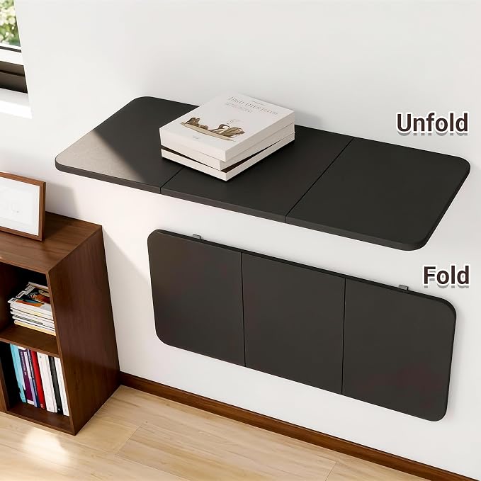 Neoaider Wall Mounted Folding Desk 35.4” x 15.7”, Black | Drop Down Table with Metal Collapsible Brackets, Folding Wall Table for Small Spaces, Home, Office, Kitchen, Laundry Room