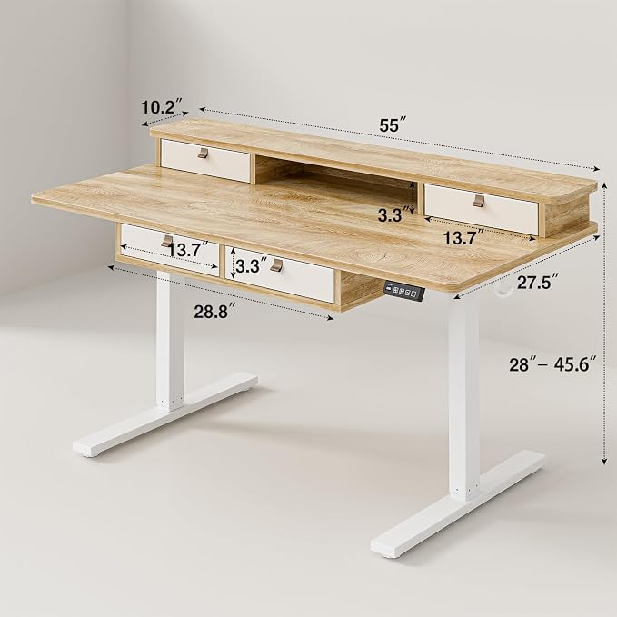 Grandder Electric Standing Desk with Four Drawers, Sit to Stand Up Height Adjustable Desk with Storage Shelf for Home Office, 55 * 24 Inch, Study, Ergonomic Adjustable Computer Desk, Oak