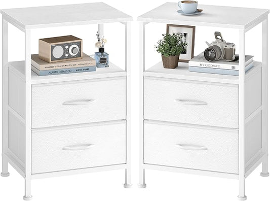 SONGMICS Nightstand, Bed Side Table, End Table with 2 Drawers and 1 Open Shelf, Industrial, Set of 2, Cloud White, BELLAH Collection ULGS062W101S