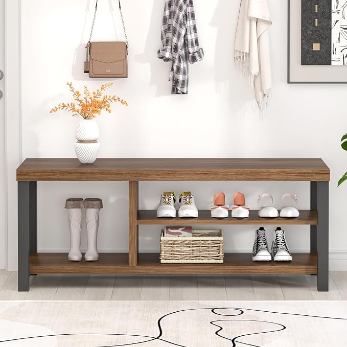 FOLUBAN Shoe Bench, Modern Wood and Metal Storage Bench for Entryway Hallway, Industrial Indoor Shoe Rack Bench Seat for Bedroom, Living Room, Rustic Walnut, 43.3 Inch