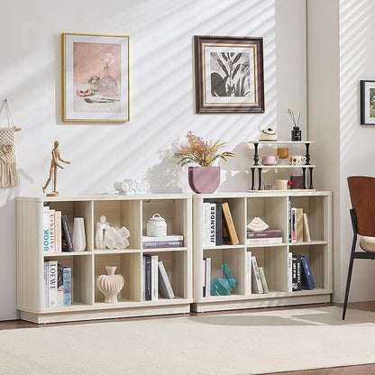 Joaxswe 6 Cube Bookcase, 40" Wide Horizontal 2-Tier Book Shelf w/Curved Edge, Wood Low Floor Standing Bookshelf with Base, Modern Short Storage Organizer for Living Room,Office, Gray-White Cream Oak