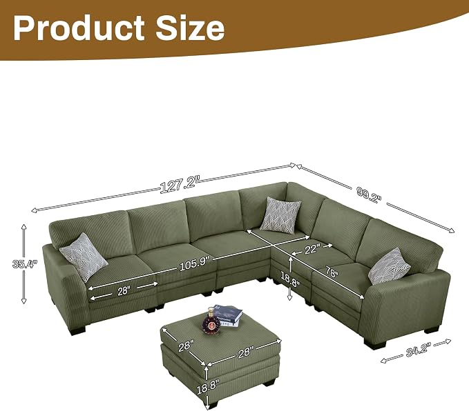 Legend Vansen Oversized Modular Sectional Sofa,U/L-Shaped Corduroy Couch with Ottoman,Deep Seat & Removable Cushion,Easy Assembly for Living Room Apartment,7 Seater,Olive