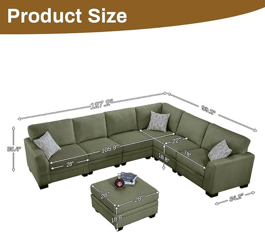 Legend Vansen Oversized Modular Sectional Sofa,U/L-Shaped Corduroy Couch with Ottoman,Deep Seat & Removable Cushion,Easy Assembly for Living Room Apartment,7 Seater,Olive