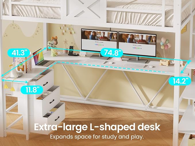 Itaar Stairway Twin Size Loft Bed with L Shaped Desk and Wardrobe, Metal Loft Bed Frame with Storage Stairs, 3 Fabric Drawers, LED Lights & Charging Sation (White, Twin)