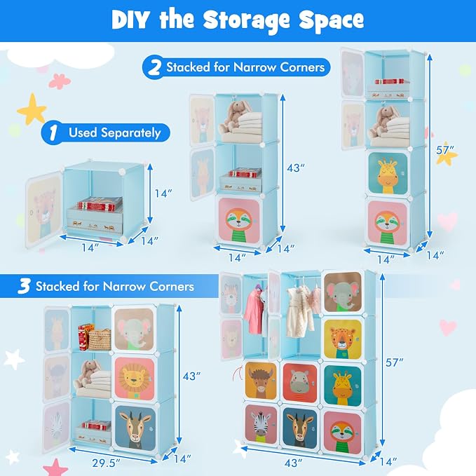 HONEY JOY Kids Wardrobe Closet, Baby Cartoon Clothes Storage Organizer, 12 Cubes & 2 Hanging Sections, Portable Children DIY Modular Bedroom Armoire Dresser Cabinet for Boys Girls (Blue)
