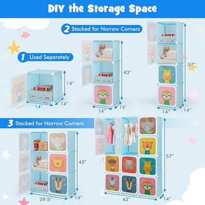 HONEY JOY Kids Wardrobe Closet, Baby Cartoon Clothes Storage Organizer, 12 Cubes & 2 Hanging Sections, Portable Children DIY Modular Bedroom Armoire Dresser Cabinet for Boys Girls (Blue)