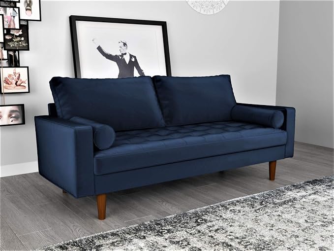 Container Furniture Direct Womble Mid Century Modern Velvet Upholstered Tufted Seat with Bolster Pillows, Sofa, Denim Blue