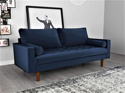 Container Furniture Direct Womble Mid Century Modern Velvet Upholstered Tufted Seat with Bolster Pillows, Sofa, Denim Blue