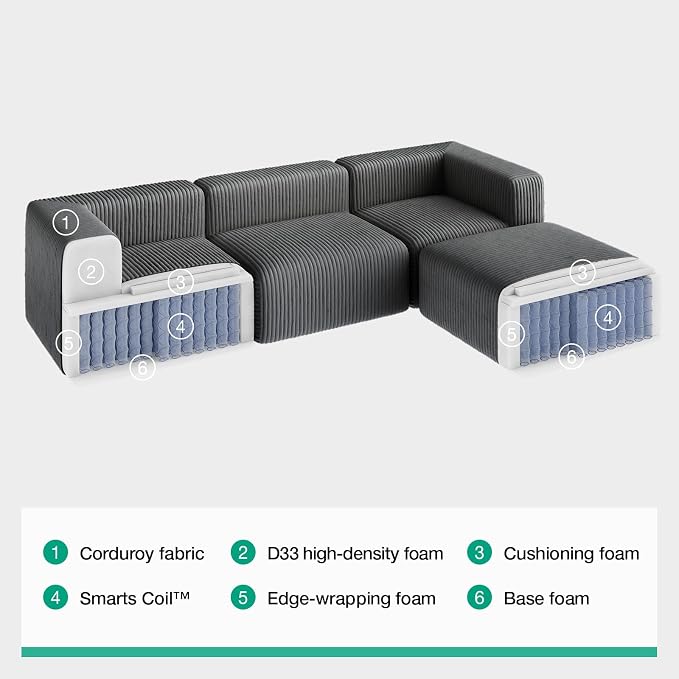 Novilla 106" Modular Sectional Sofa, Modern Cloud Sectional Couch with Smarts Coil® Support, L-Shape Boneless Couch for Living Room Apartments, No Assembly Required, Dark Gray (3 Seat w/ 1 Ottoman)