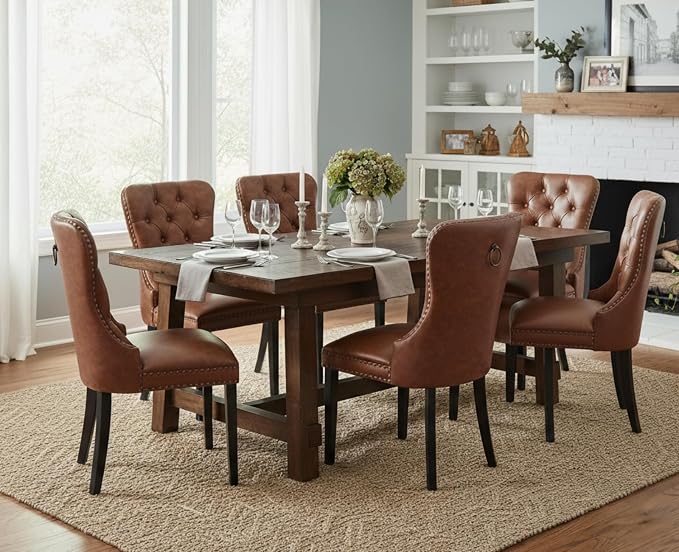 CIMOTA Brown Leather Dining Chairs Set of 2 Mid Century Modern Dining Room Chairs Tufted Upholstered Kitchen Dining Chairs Comfortable Side Chairs with Nailhead Trim/Ring Back (PU /2PCS)
