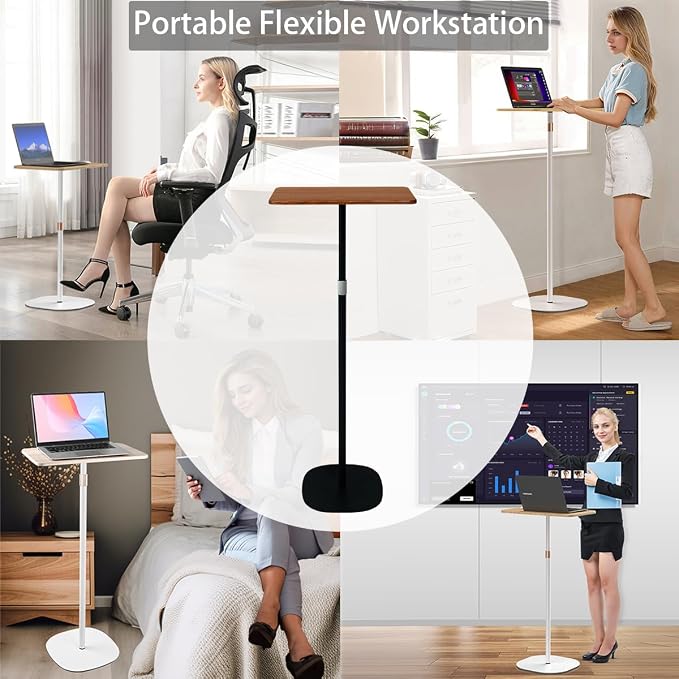 Small Laptop Standing Desk, Adjustable Height Pedestal End Table with Wooden Top, Portable Tall Side Table Workstation, Sit-Stand Desks for Bedside,Sofa,Couch, Living Room, Bedroom, Home Office, Brown