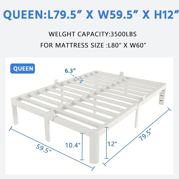 White Bed Frame Queen Size 12 Inch, Metal Queen Bed Frame No Box Spring Needed, Heavy Duty Steel Support 3500 LBS, DIY Headboard, Noiseless, Round Corner Legs, Storage Space, Easy Assembly