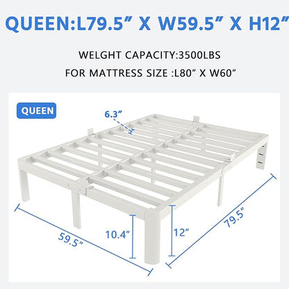 White Bed Frame Queen Size 12 Inch, Metal Queen Bed Frame No Box Spring Needed, Heavy Duty Steel Support 3500 LBS, DIY Headboard, Noiseless, Round Corner Legs, Storage Space, Easy Assembly