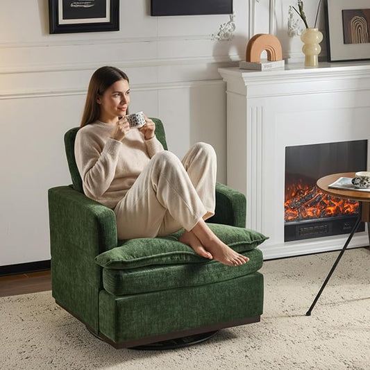 VINGLI Mid-Century Modern Single Swivel Armchair, 360° Swivel Accent Chair, Double-Layer Seat Cushions, Upholstered Square Club Chair for Living Room, Bedroom, Reading Room, Chenille,Green