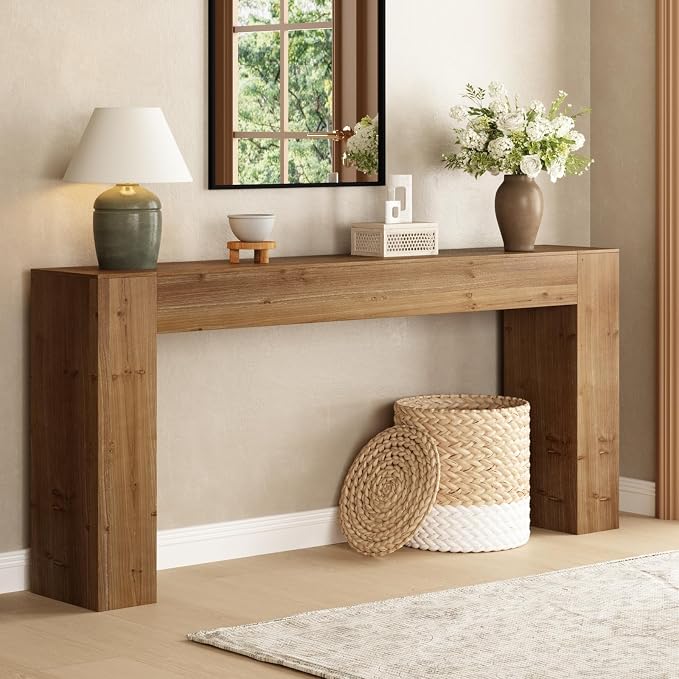 70" Solid Wood Console Table for Entryway, Extra Long Sofa Table | Farmhouse Style, Rectangular, Natural Character Marks, Hand-Made Brushed Finish, for All Room, 10 Mins Easy Assembly