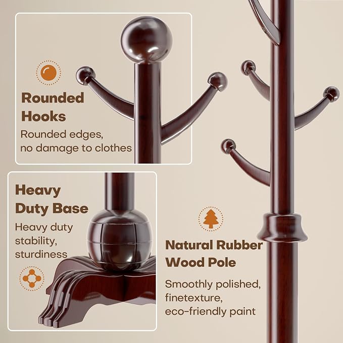 Hall Tree, Freestanding Wood Tree Rack with 7 Hooks, Coat Rack with Stable Sphere Base, Wooden Coat Rack Stand, Load 210 lb, Coat Hanger Stand for Entryway, Hallway, Bedroom (Black-Red)