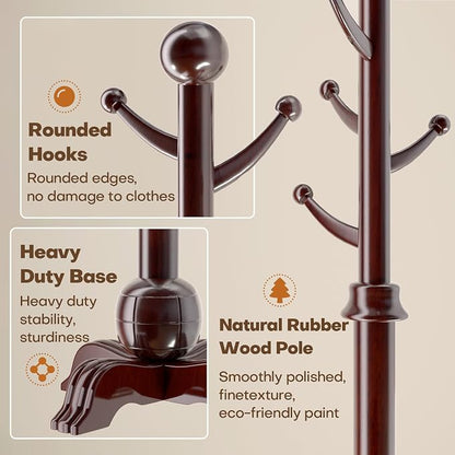 Hall Tree, Freestanding Wood Tree Rack with 7 Hooks, Coat Rack with Stable Sphere Base, Wooden Coat Rack Stand, Load 210 lb, Coat Hanger Stand for Entryway, Hallway, Bedroom (Black-Red)
