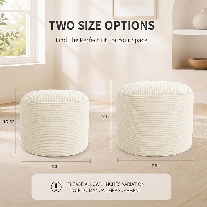 Stuffed Pouf Ottoman Foot Rest with 2.8-inch Solid Foam Base | Odorless Filling Resists Clumping, Washable Corduroy Cover, Round Foot Stool for Living Room Couch Lounging and Home Decor