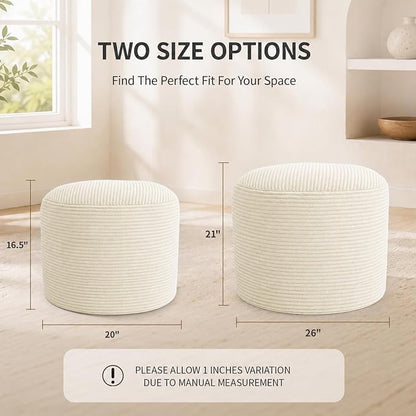 Stuffed Pouf Ottoman Foot Rest with 2.8-inch Solid Foam Base | Odorless Filling Resists Clumping, Washable Corduroy Cover, Round Foot Stool for Living Room Couch Lounging and Home Decor