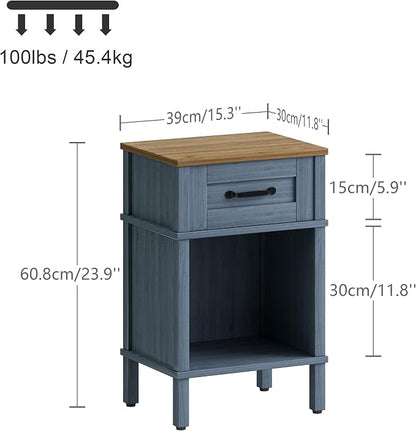 Small Farmhouse Nightstand, Wood Night Stand Set, End Table with Drawer, Small Rustic Wooden Bedside Table, Bed Side Table for Bedroom, Blue end Table with Storage for Bedroom LET512LR