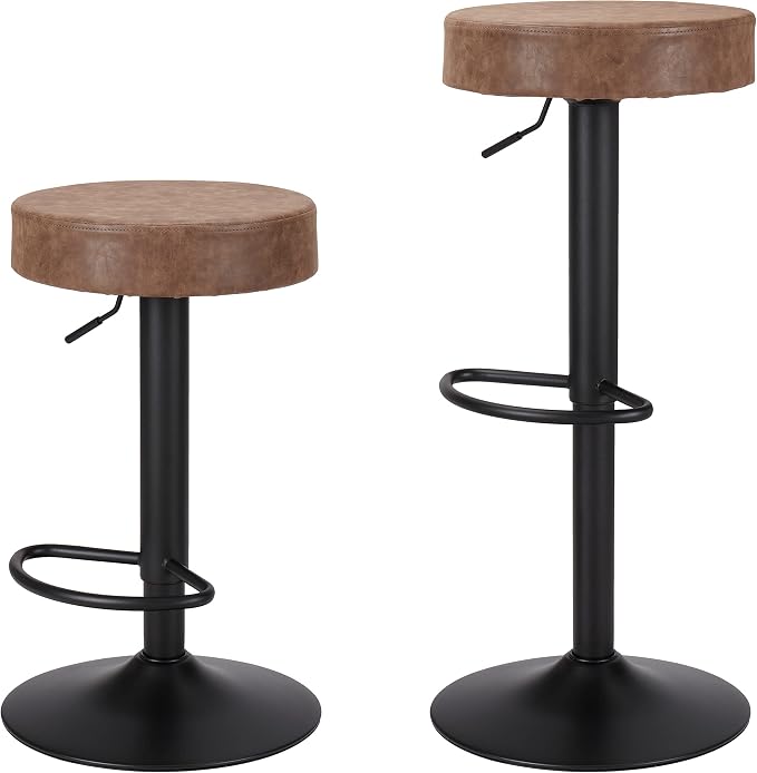 Finnhomy Bar Stools Set of 2 Counter Height, Swivel Barstools with Footrest and Backless Round, Height Adjustable Modern Bar stools for Kitchen, Vintage Leather, Retro Brown