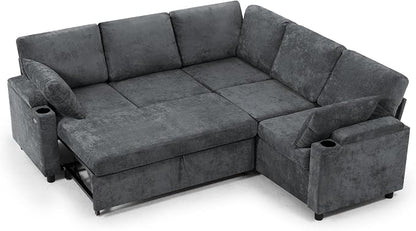 85" Chenille Sectional Sofa w/Pull Out Bed & Storage Space, Grey | Upholstery L Shaped Couch w/Cup Holders, Modern Corner Sofa w/USB Charging Port & Throw Pillow for Living Room