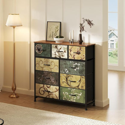 DUMOS 9 Drawer Dresser for Bedroom, Storage Organizer Chest of Drawers | Fabric Bins Storage Tower with Sturdy Metal Frame, Wood Tabletop for Closet, Vintage