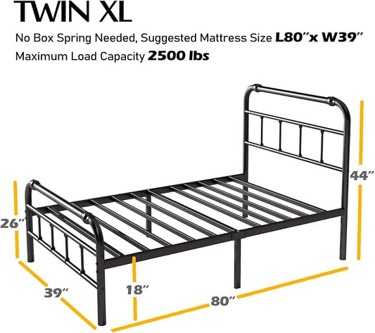 BOSRII Twin XL Bed Frame with Headboard and Footboard, 18 Inches High, 3500 Pounds Heavy Duty Metal Slats Support for Mattress, No Box Spring Needed,Noise-Free, Black
