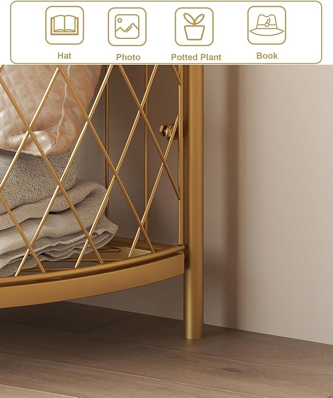 HKaikzo Corner Coat Rack, Gold Clothes Rack with 6 Metal Movable Hooks and Storage Basket Hall Tree Design Clothing Rack for Bedroom Entryway Hallway