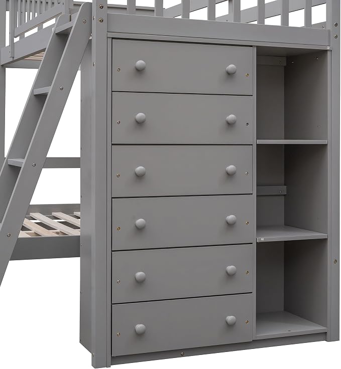 Ball & Cast Wooden Twin Over Full Bunk Bed with 6 Drawers & Flexible Shelves,Bottom Bedframe W/Wheel,Easy Assembly,Space Saving,Versatile Storage Furniture Set for Boy Girl Teen Compact Bedroom,Gray
