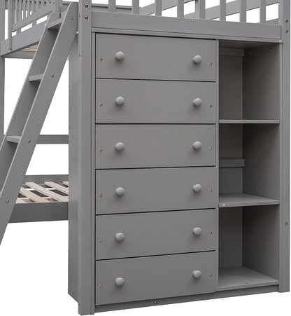 Ball & Cast Wooden Twin Over Full Bunk Bed with 6 Drawers & Flexible Shelves,Bottom Bedframe W/Wheel,Easy Assembly,Space Saving,Versatile Storage Furniture Set for Boy Girl Teen Compact Bedroom,Gray