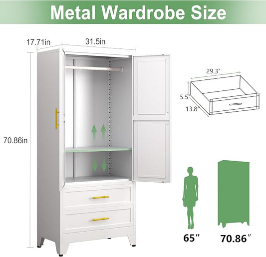 Ckzbx 71" H Metal Armoire Wardrobe Closet with 2 Drawers, Adjustable Shelve, Clothes Drying Pole, Steel Wardrobe Cabinet for Bedroom (White)
