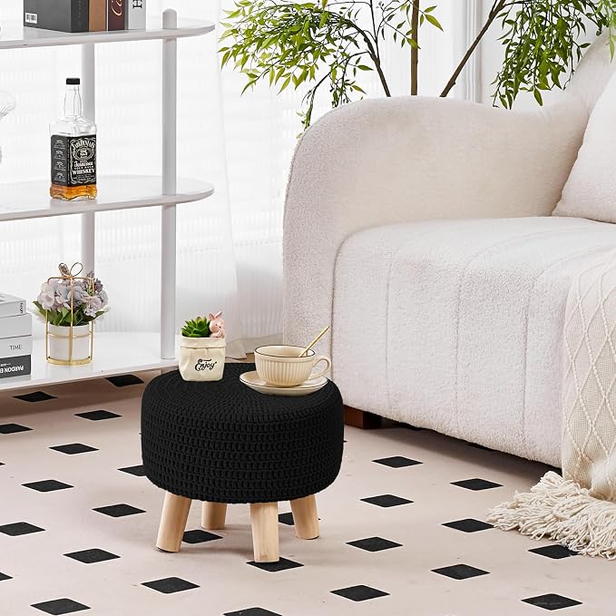 Wimarsbon Small Ottomans, 100% Hand Knitted Pouf Ottoman, Round Footrest with 4 Non-Skid Wood Legs, Boho Décor Cotton Rope Pouffe, Leisure Floor Step Chair for Living Room (Black)