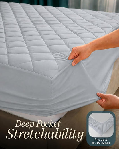 Quilted Fitted Mattress Pad, Twin Mattress Protector Topper with Deep Pocket Stretches up to 16 Inches, Machine Washable Mattress Cover by Utopia Bedding (Light Grey)