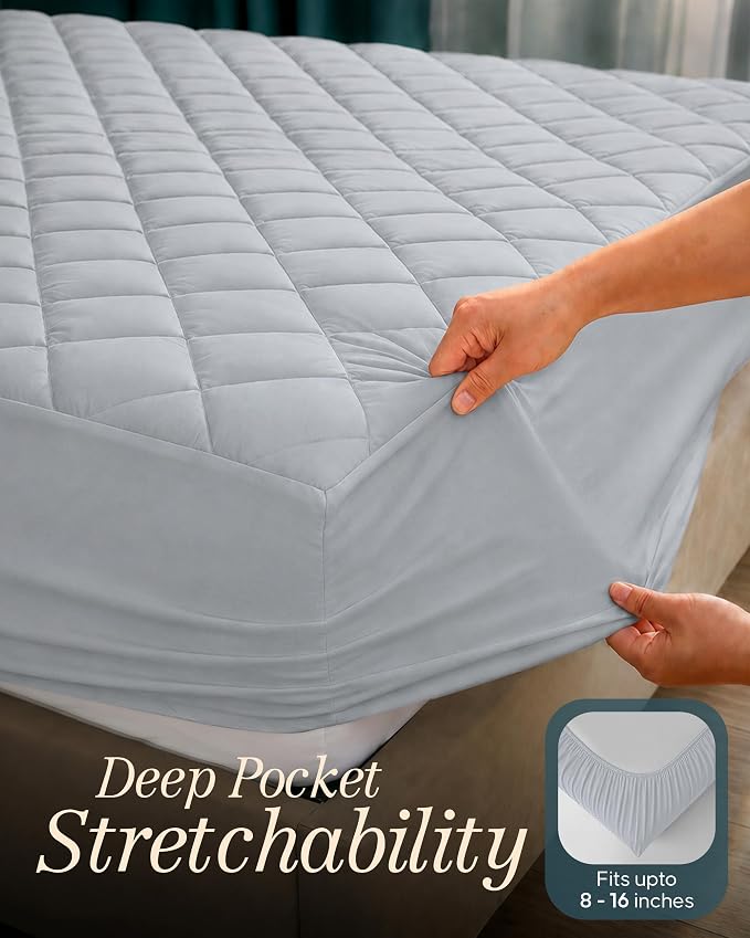 Quilted Fitted Mattress Pad, Full Mattress Protector Topper with Deep Pocket Stretches up to 16 Inches, Machine Washable Mattress Cover by Utopia Bedding (Light Grey)