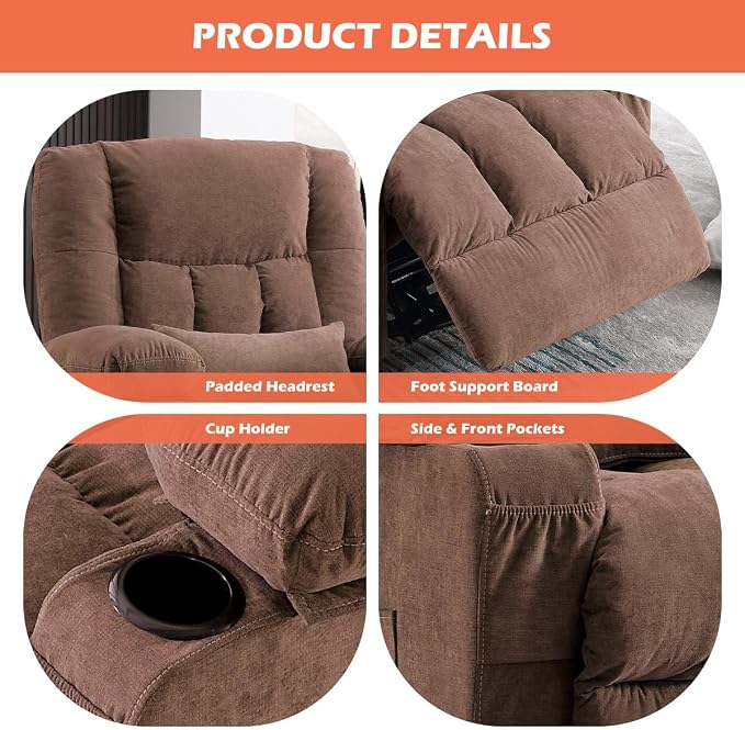 MAHOMICO Recliner Chair with Cup Holders for Living Room Single Seat Manual Oversized Recliner with Ergonomic, Side Pocket for Adult