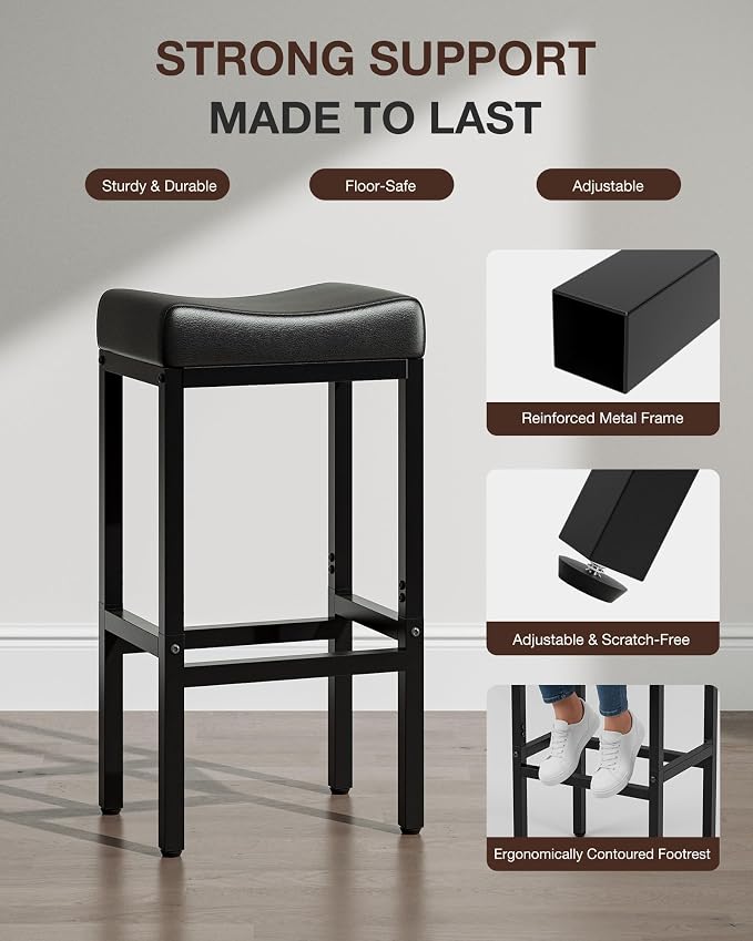 Bar Stools Set of 2-29 Inch Counter Height Chairs for Kitchen Island, Leather Seat with 400 LBS Heavy-Duty Metal Frame and Adjustable Feet, Easy to Assemble for Bar, Café or Dining Room,Black