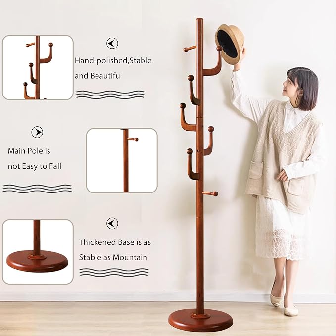 Wooden Coat Rack Freestanding, Hall Tree Hanger With Resin Hooks, Adjustable Heavy Duty Coat Rack for Hanging Clothes Bags Hats in Living Room Bedroom (coat rack, Cactus Hook)