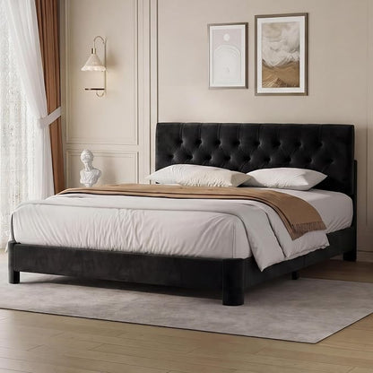 Full Size Bed Frame with Headboard, Luxury Velvet Fabric Upholstered Bed frame with Button Tufted Design, Strong Wooden Slats Support - Low & Sturdy, Noise-Free, No Box Spring, Easy Assembly, Black | Plush velvet