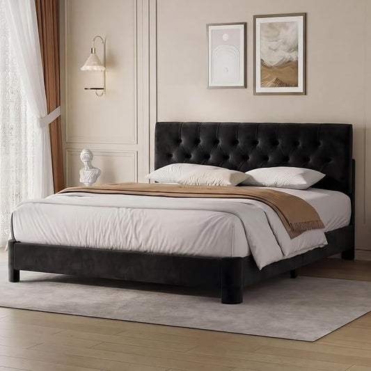 Full Size Bed Frame with Headboard, Luxury Velvet Fabric Upholstered Bed frame with Button Tufted Design, Strong Wooden Slats Support - Low & Sturdy, Noise-Free, No Box Spring, Easy Assembly, Black | Plush velvet