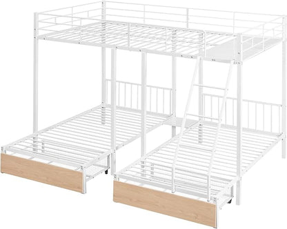 Full Over Twin & Twin Bunk Bed, Heavy Duty Metal Triple Bunk Bed with Drawers and Guardrails, Can be Divided into 3 Separate Beds, Triple Bunk Bed Frame for Kids Teens Aldults (White + Metal)