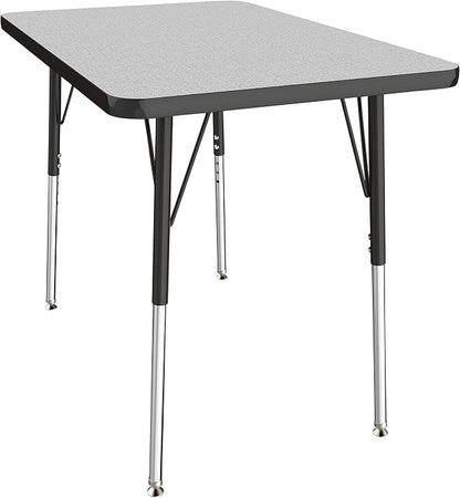 FDP Rectangle Activity School and Office Table (24 x 36 inch), Standard Legs with Swivel Glides, Adjustable Height 19-30 inches; Quick Ship Single Box - Gray Top and Black Edge