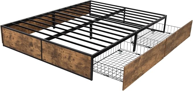 Allewie Queen Size Metal Bed Frame with 2 Storage Drawers, Heavy-Duty Steel Frame with MDF Wood Panels, Flexible Drawer Placement, Easy Assembly, Noise-Free Support, Brown