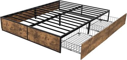 Allewie Queen Size Metal Bed Frame with 2 Storage Drawers, Heavy-Duty Steel Frame with MDF Wood Panels, Flexible Drawer Placement, Easy Assembly, Noise-Free Support, Brown