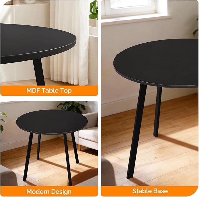 VINGLI Round Dining Table for 2-4, 35in Modern Dining Room Table with Metal Base, Black Wooden Kitchen Table, Space-Saving, Small Space Circle Dinette for Home, Kitchen, Apartment
