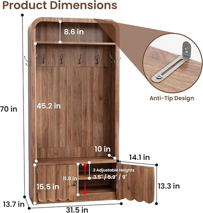 Narrow Hall Tree with Bench and Shoe Storage, Arched Entryway Coat Rack with Adjustable Shoe Cabinet,8 Hooks, Modern Rustic Mudroom Storage Organizer with Scalloped Wave Fluted Doors (Walnut)